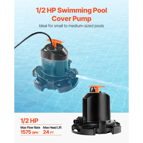 VEVOR 1/2 HP 1575 GPH Pool Cover Pump, 120V Submersible Swimming Pool Cover Pump with 25 ft Power Cord, 24 ft Max Head Lift, Water Removal and
