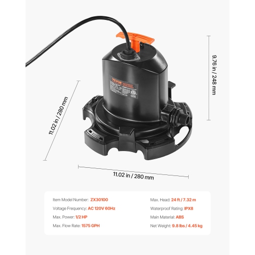 VEVOR 1/2 HP 1575 GPH Pool Cover Pump, 120V Submersible Swimming Pool Cover Pump with 25 ft Power Cord, 24 ft Max Head Lift, Water Removal and
