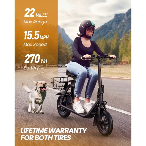 MIHOVER 450W Electric Scooter with Seat for Adult, 12 inch Commuter Electric Scooter with Basket and Adjustable Seat- up to 21 Miles 15.5MPH