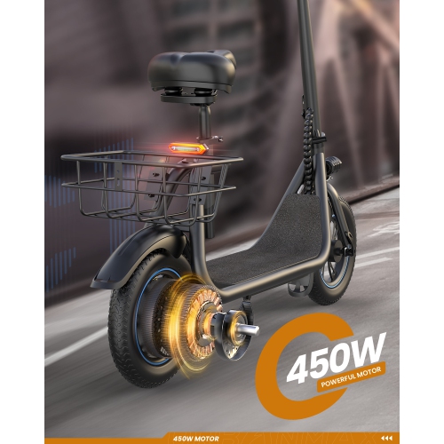 MIHOVER 450W Electric Scooter with Seat for Adult, 12 inch Commuter Electric Scooter with Basket and Adjustable Seat- up to 21 Miles 15.5MPH