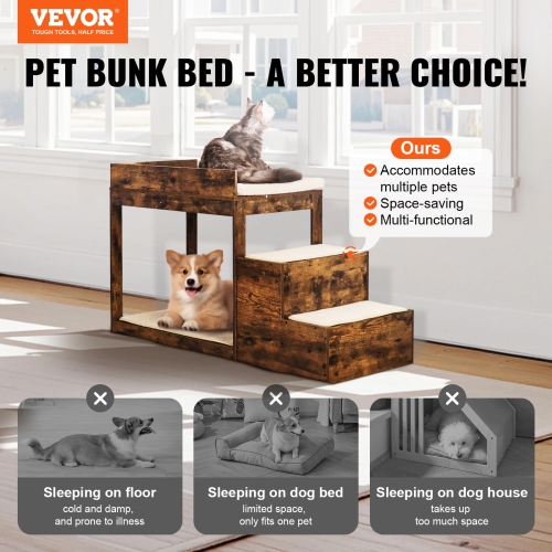 VEVOR 3 Step Pet Bunk Bed with Stairs,Dog/Cat Window Perch for High Beds and Couches, Medium Multi-Level Dog Seat Platform Sleeper Couch, Practical