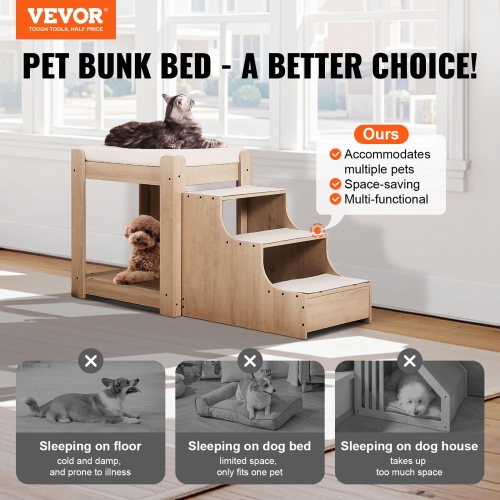 VEVOR Pet Bunk Bed with Stairs,Dog/Cat Window Perch,Multi-Level Bed Window Perch Dog Bedside Sleeper,Lounge Elevated Seat Platform with Foam