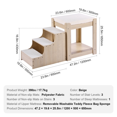 VEVOR Pet Bunk Bed with Stairs,Dog/Cat Window Perch,Multi-Level Bed Window Perch Dog Bedside Sleeper,Lounge Elevated Seat Platform with Foam