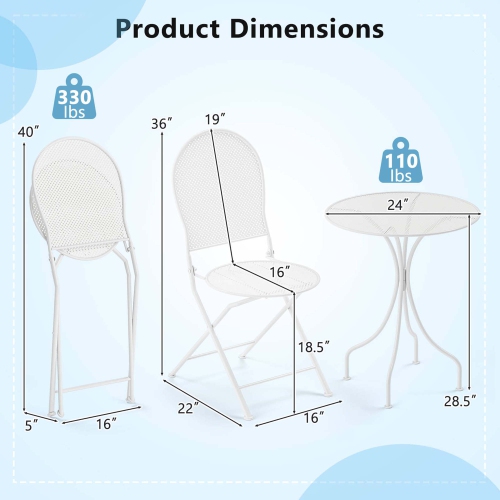 Ensemble bistro métal 3 PCS table ronde et 2 chaises pliantes avec motif rotin noir/blanc de Costway