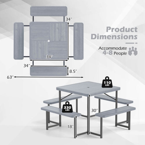 Costway Picnic Table Bench Set for 4-8 People with Umbrella Hole All-Weather HDPE Tabletop White/Green/Gray/Black