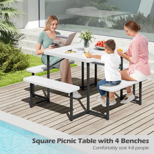 Costway Picnic Table Bench Set for 4-8 People with Umbrella Hole All-Weather HDPE Tabletop White/Green/Gray/Black
