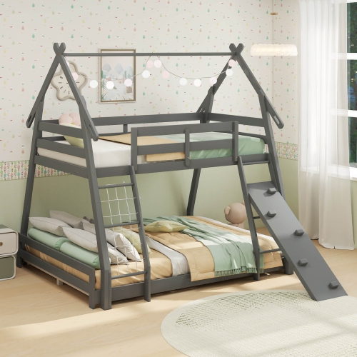Costway Twin Over Queen Bunk Bed House Shaped Bed Frame with Climbing Nets and Ramp