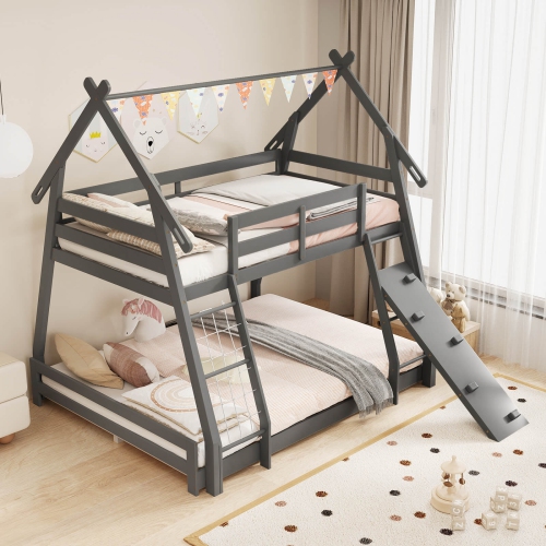 Costway Twin Over Queen Bunk Bed House Shaped Bed Frame with Climbing Nets and Ramp