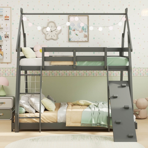 Costway Twin Over Queen Bunk Bed House Shaped Bed Frame with Climbing Nets and Ramp