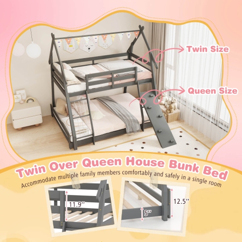 Costway Twin Over Queen Bunk Bed House Shaped Bed Frame with Climbing Nets and Ramp