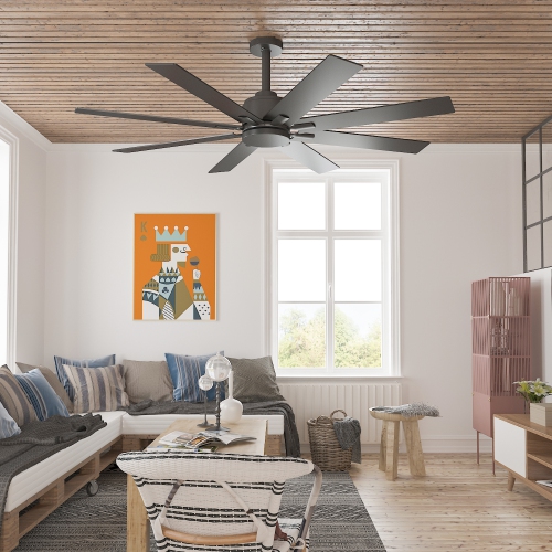 Famapy 65-Inch Modern Outdoor Ceiling Fan with 8 Multi-Color Blades, Integrated LED, Reversible Quiet Motor & Remote Control, Black Finish – No Light