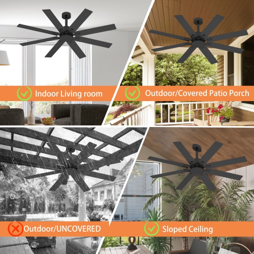 Famapy 65-Inch Modern Outdoor Ceiling Fan with 8 Multi-Color Blades, Integrated LED, Reversible Quiet Motor & Remote Control, Black Finish – No Light