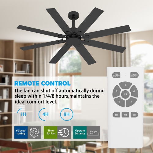Famapy 65-Inch Modern Outdoor Ceiling Fan with 8 Multi-Color Blades, Integrated LED, Reversible Quiet Motor & Remote Control, Black Finish – No Light