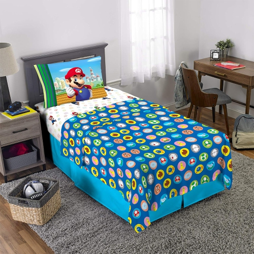 Super Mario 3-Pcs Twin Soft & Cozy Bedding Sheet Set for Kids - Pillowcase, Fitted Sheet, Flat Sheet