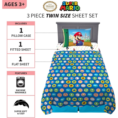 Super Mario 3-Pcs Twin Soft & Cozy Bedding Sheet Set for Kids - Pillowcase, Fitted Sheet, Flat Sheet