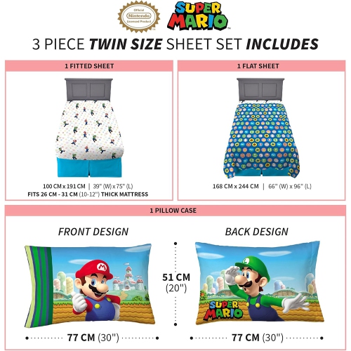 Super Mario 3-Pcs Twin Soft & Cozy Bedding Sheet Set for Kids - Pillowcase, Fitted Sheet, Flat Sheet