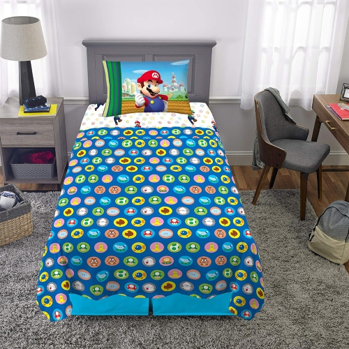 Super Mario 3-Pcs Twin Soft & Cozy Bedding Sheet Set for Kids - Pillowcase, Fitted Sheet, Flat Sheet