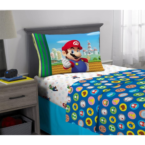 Super Mario 3-Pcs Twin Soft & Cozy Bedding Sheet Set for Kids - Pillowcase, Fitted Sheet, Flat Sheet