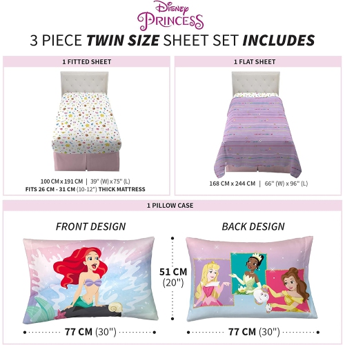 Princess 3-Pcs Twin Soft & Cozy Bedding Sheet Set for Kids - Pillowcase, Fitted Sheet, Flat Sheet