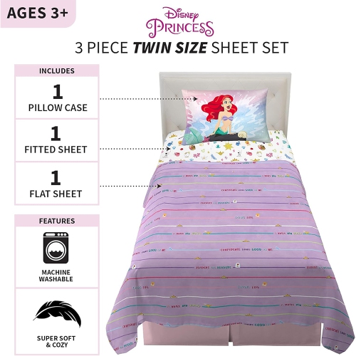 Princess 3-Pcs Twin Soft & Cozy Bedding Sheet Set for Kids - Pillowcase, Fitted Sheet, Flat Sheet