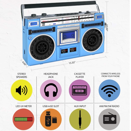 Lecteur CD rétro classique des années 80, lecteur de cassettes Bluetooth rétro, radio AM/FM, prise en charge SD/USB, enregistreur de cassette