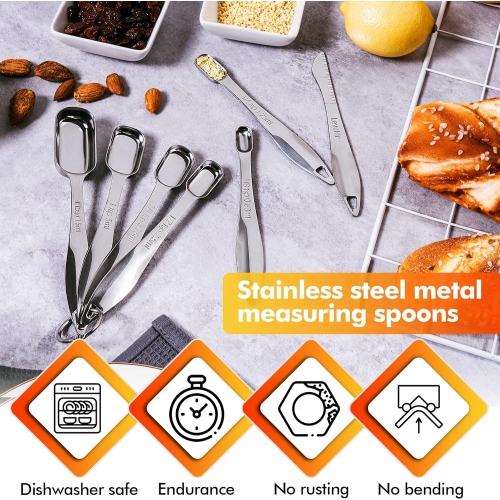 Measuring Spoons Set Stainless Steel, Metal Measuring Cups and Spoons Set for Dry or Liquid, Fits in Spice Jar, Set of 7 Including Leveler