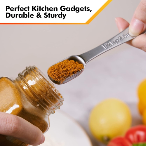 Measuring Spoons Set Stainless Steel, Metal Measuring Cups and Spoons Set for Dry or Liquid, Fits in Spice Jar, Set of 7 Including Leveler