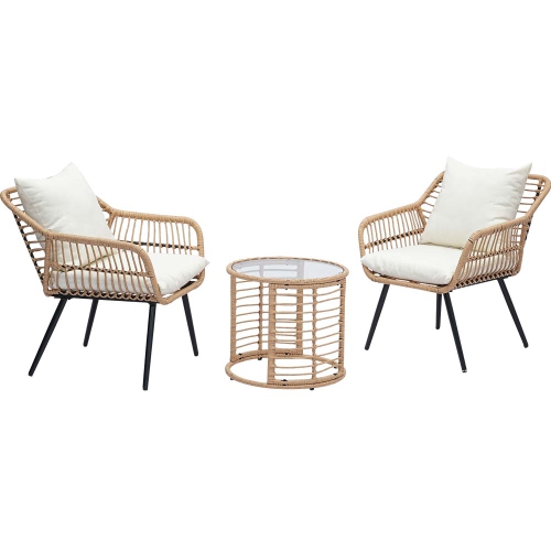 AINFOX  3 PCs Wicker Sofa Patio Bistro Set, Patio Furniture With Glass Top Table And Cushions