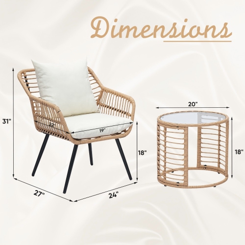 Ainfox 3 PCS Wicker Sofa Patio Bistro Set, Patio Furniture with Glass Top Table and Cushions