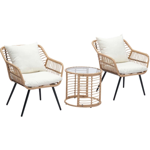 Ainfox 3 PCS Wicker Sofa Patio Bistro Set, Patio Furniture with Glass Top Table and Cushions