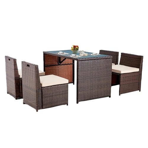 Ensemble patio 5 pièces EROMMY - Ensemble modulaire en osier avec table en verre trempé et coussins beiges, ensemble de détente extérieur pour