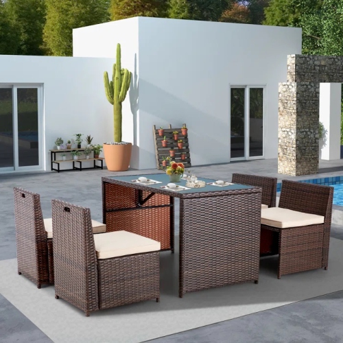 Ensemble patio 5 pièces EROMMY - Ensemble modulaire en osier avec table en verre trempé et coussins beiges, ensemble de détente extérieur pour