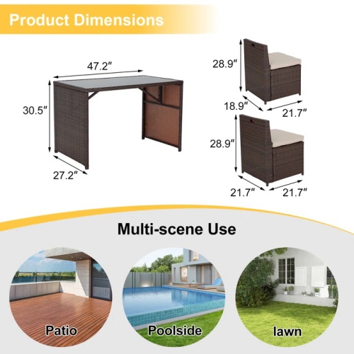 Ensemble patio 5 pièces EROMMY - Ensemble modulaire en osier avec table en verre trempé et coussins beiges, ensemble de détente extérieur pour