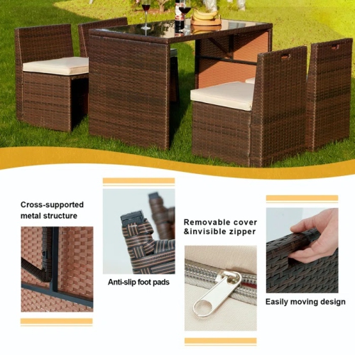 Ensemble patio 5 pièces EROMMY - Ensemble modulaire en osier avec table en verre trempé et coussins beiges, ensemble de détente extérieur pour