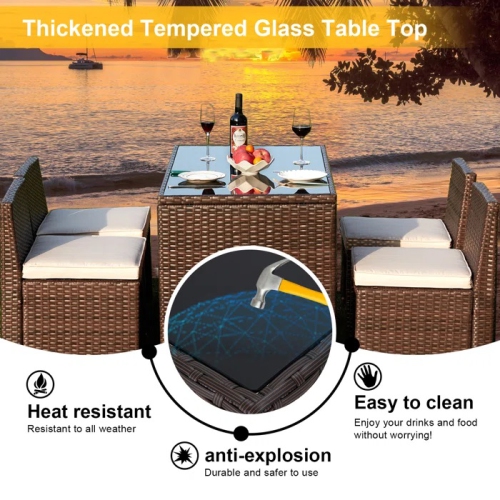 Ensemble patio 5 pièces EROMMY - Ensemble modulaire en osier avec table en verre trempé et coussins beiges, ensemble de détente extérieur pour