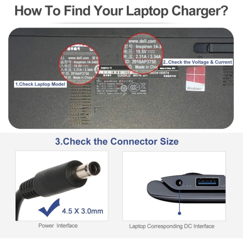45W 19.5V 2.31A AC Adapter Laptop Charger for Dell Inspiron 15 7000 5000 3000 5551 5555 5558 7558 Series Inspiron 14 15-3552 7348 Series Dell XPS 11