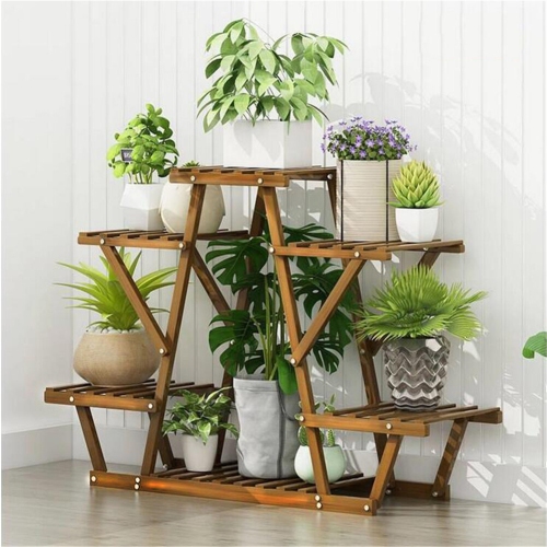 Support à plantes triangulaire en bois UNHO Support de rangement à plusieurs niveaux pour porte-fleurs 6 pots pour le salon intérieur extérieur