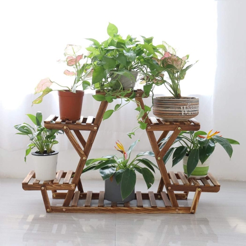 UNHO Wood Plant Stand Triangular Plant Shelf Multi Tier Flower Display Holder Storage Rack 6 Pots for Indoor Outdoor Living Room Balcony Patio