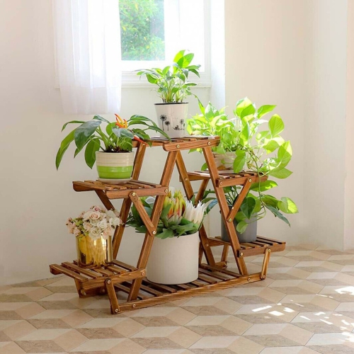 UNHO Wood Plant Stand Triangular Plant Shelf Multi Tier Flower Display Holder Storage Rack 6 Pots for Indoor Outdoor Living Room Balcony Patio