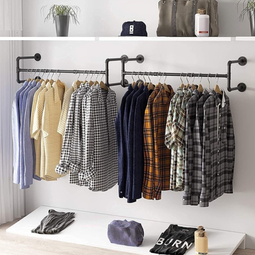 UNHO Wall Mounted Clothes Rack 42.9in Industrial Pipe Wall Mount Clothing Rack, Heavy Duty Iron Garment Rack, Space Saver Multi-purpose Hanging Rod
