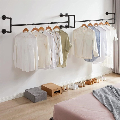 UNHO Wall Mounted Clothes Rack 42.9in Industrial Pipe Wall Mount Clothing Rack, Heavy Duty Iron Garment Rack, Space Saver Multi-purpose Hanging Rod