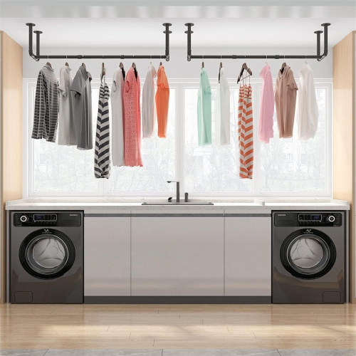 UNHO Wall Mounted Clothes Rack 42.9in Industrial Pipe Wall Mount Clothing Rack, Heavy Duty Iron Garment Rack, Space Saver Multi-purpose Hanging Rod