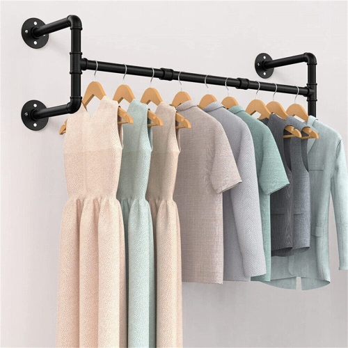 UNHO Wall Mounted Clothes Rack 42.9in Industrial Pipe Wall Mount Clothing Rack, Heavy Duty Iron Garment Rack, Space Saver Multi-purpose Hanging Rod