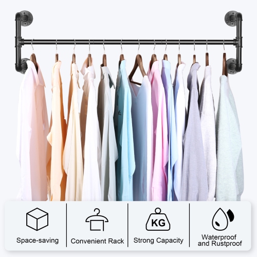 UNHO Wall Mounted Clothes Rack 42.9in Industrial Pipe Wall Mount Clothing Rack, Heavy Duty Iron Garment Rack, Space Saver Multi-purpose Hanging Rod