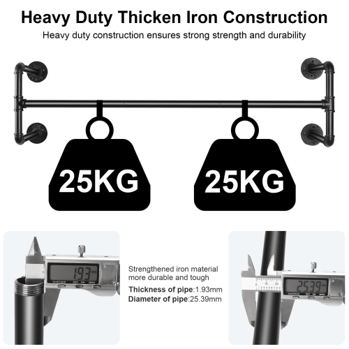 UNHO Wall Mounted Clothes Rack 42.9in Industrial Pipe Wall Mount Clothing Rack, Heavy Duty Iron Garment Rack, Space Saver Multi-purpose Hanging Rod