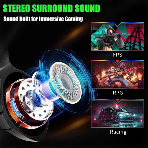 Ozeino Gaming Headset for PS4, PS5, Xbox Series X/S - 7.1 Surround Sound, Noise Cancelling Flexible Mic, RGB Lights, Memory Earmuffs, Compatible with