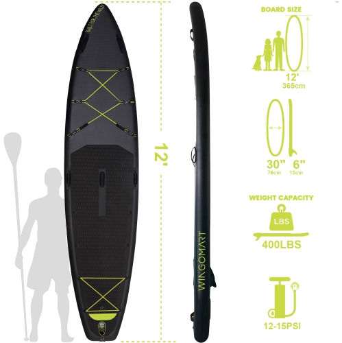 ELITE BLACK XXL 12FT Inflatable Stand up Paddle Board 12'x30"x6"Premium Accessories &Carry Bag| paddle boards w/ 3Fish Fin for Paddling |1-2Person Up