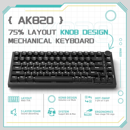 A.JAZZ x Attack Shark AK820 75% Wired Mechanical Gaming Keyboard with Knob, Hot Swappable, Custom White LED, Red Switch, 82 Keys for PC/Win/Mac
