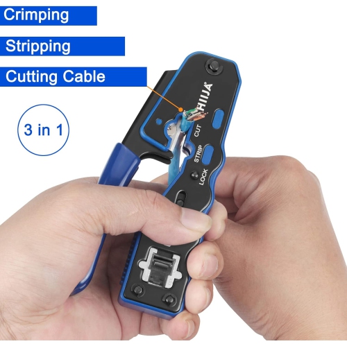 Hiija RJ45 Crimper, RJ45 Crimp Tool Pass Through Cat5 Cat5e Cat6 Crimping Tool Kit for RJ45 Regular, 50PCS CAT6 Pass Through Connectors, Mini Wire