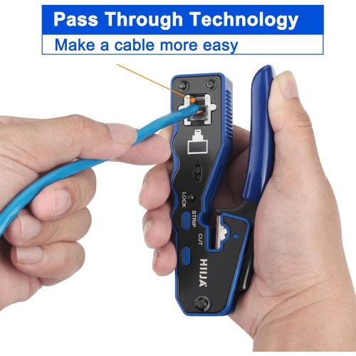 Hiija RJ45 Crimper, RJ45 Crimp Tool Pass Through Cat5 Cat5e Cat6 Crimping Tool Kit for RJ45 Regular, 50PCS CAT6 Pass Through Connectors, Mini Wire